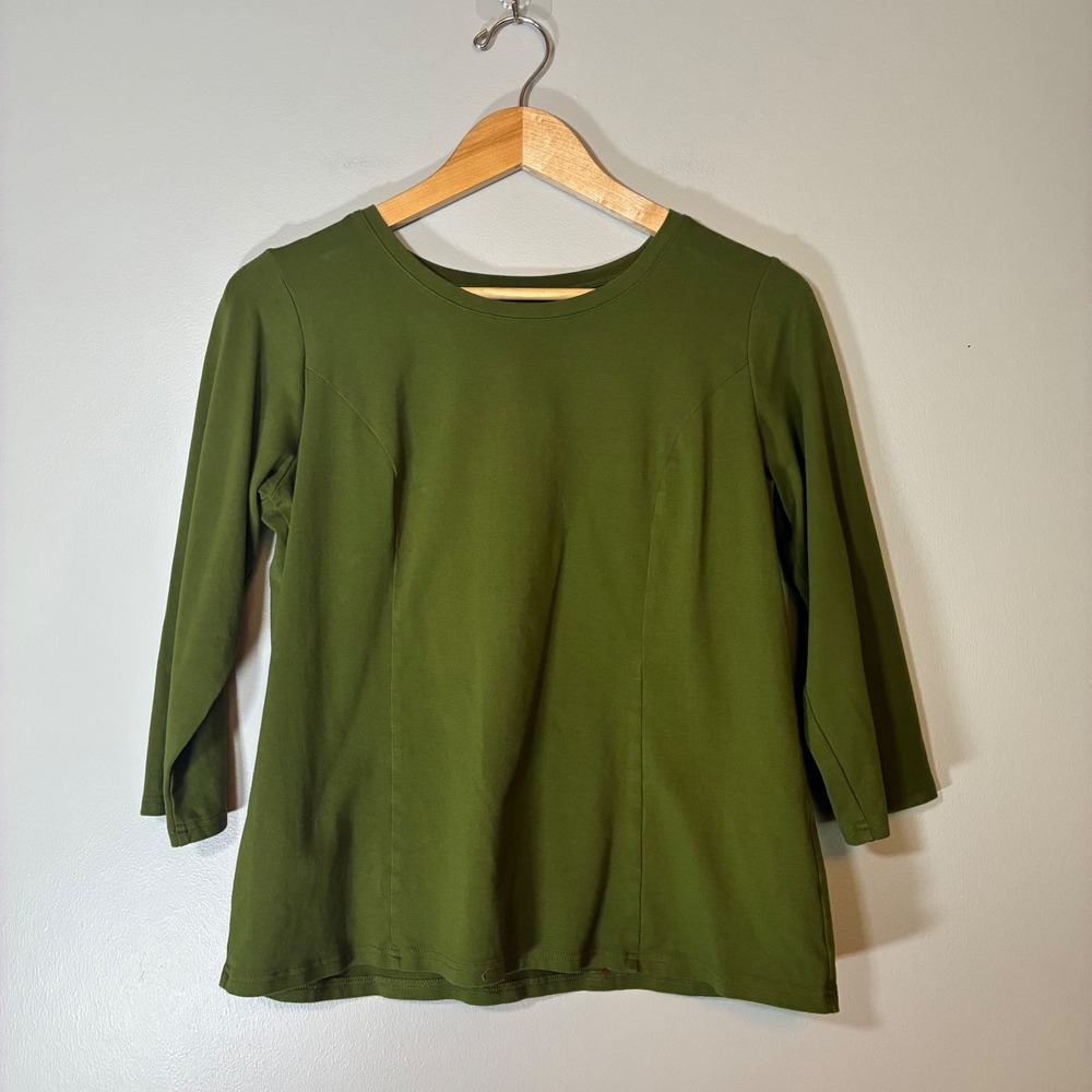 Bob Mackie Wearable Art Olive Green Scoop Neck 3/4 Sleeve Top Med Princess Seam
